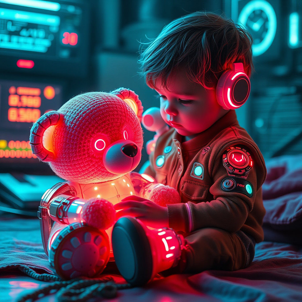 Child and Cyborg Teddy Bear in Cyberpunk Scene