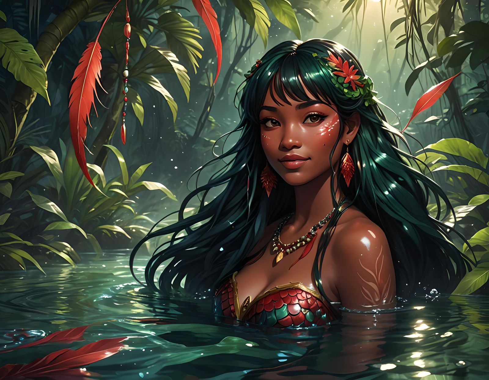 Anime Mermaid Girl in Amazon Jungle at Night
