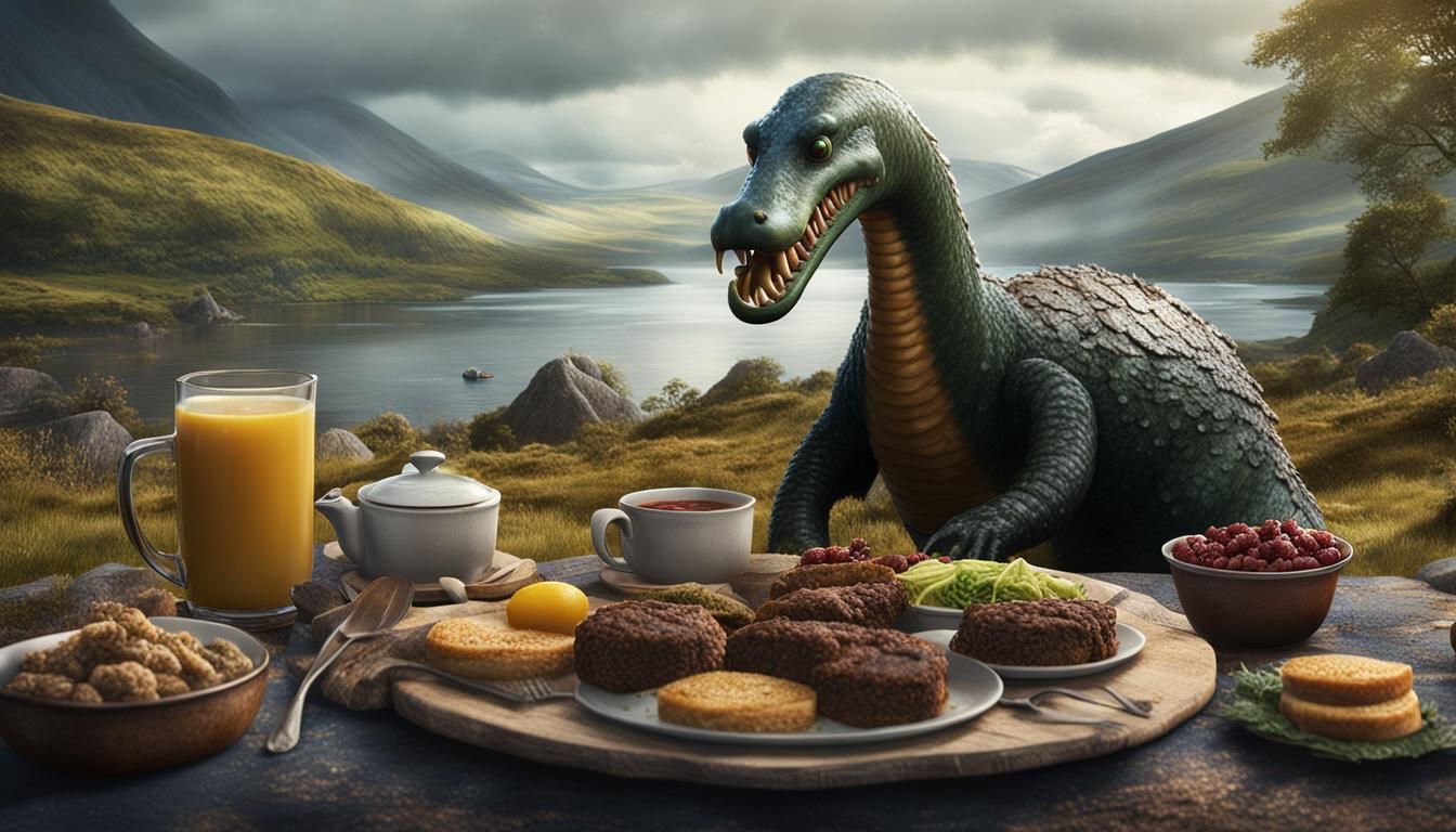 The loch Ness monster eating haggis for breakfast