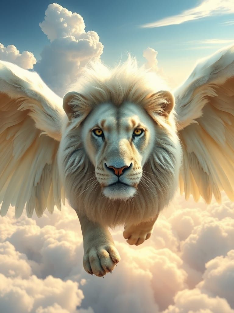 Majestic Winged White Lion Soaring in the Sky
