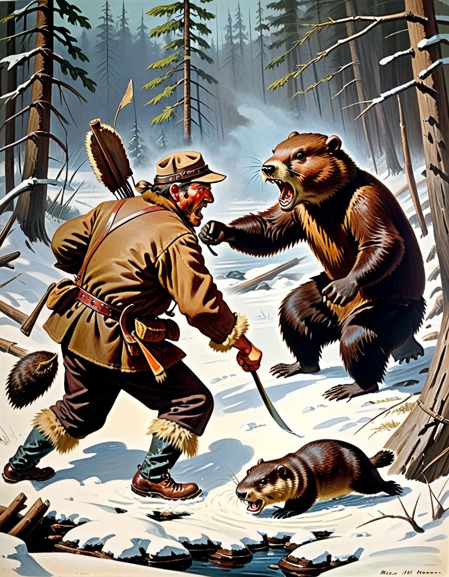 Furtrapper's Beaver Battle: 1950s Pulp Adventure Art