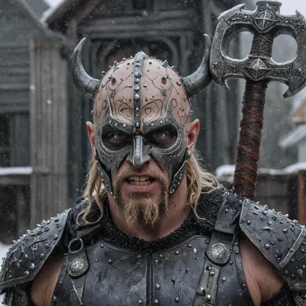 A hyperrealistic 3/4 style highly detailed photo of A Norse Viking style hyper-muscular Pinhead, with black eyes and pal...