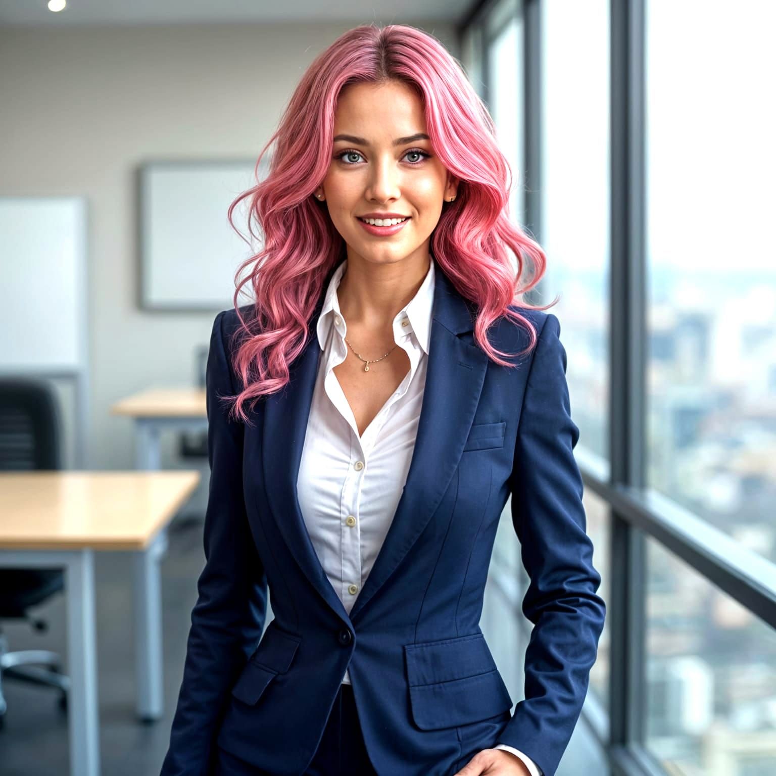 Realistic Woman with Pink Hair in Professional Dress