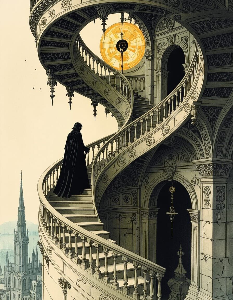 Ornate Spiral Staircase in Surrealist Style