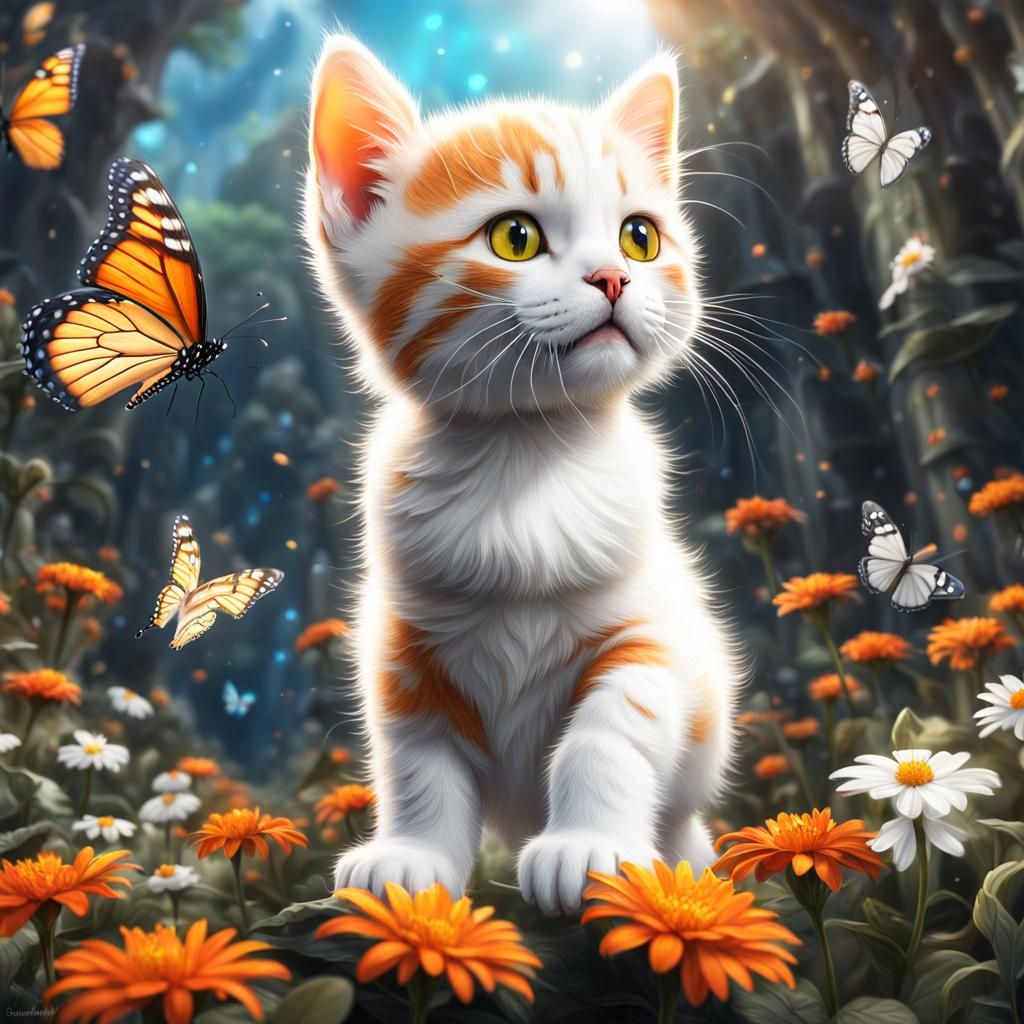 Orange Kitten Reaching for Butterfly, Matte Painting
