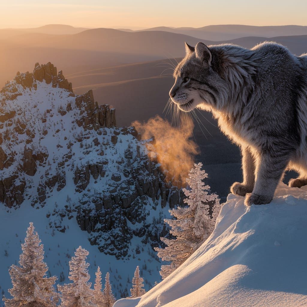 Saber-Toothed Cat Commands Snowy Peak in Golden Light