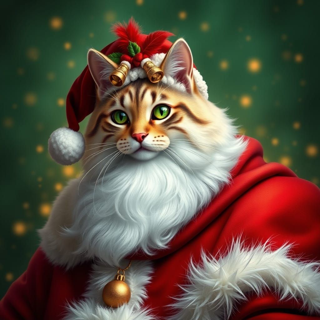 Regal Cat Sits on Santa's Head in Whimsical Christmas Scene