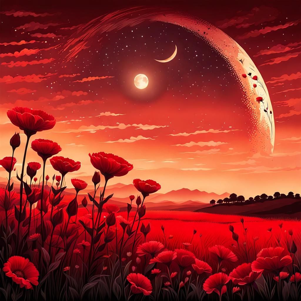 Glowing Red Flowers in Monochrome Field at Sunset