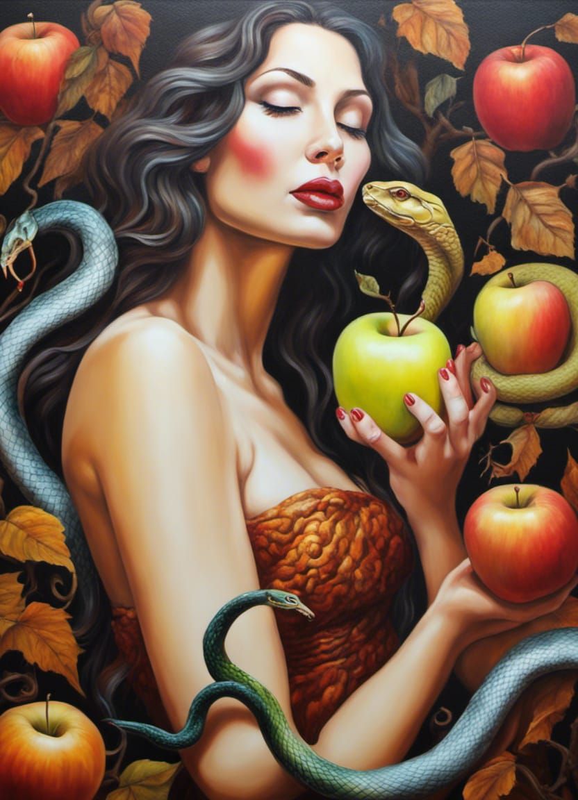 Autumn Goddess Kissing Apple in Acrylic Style