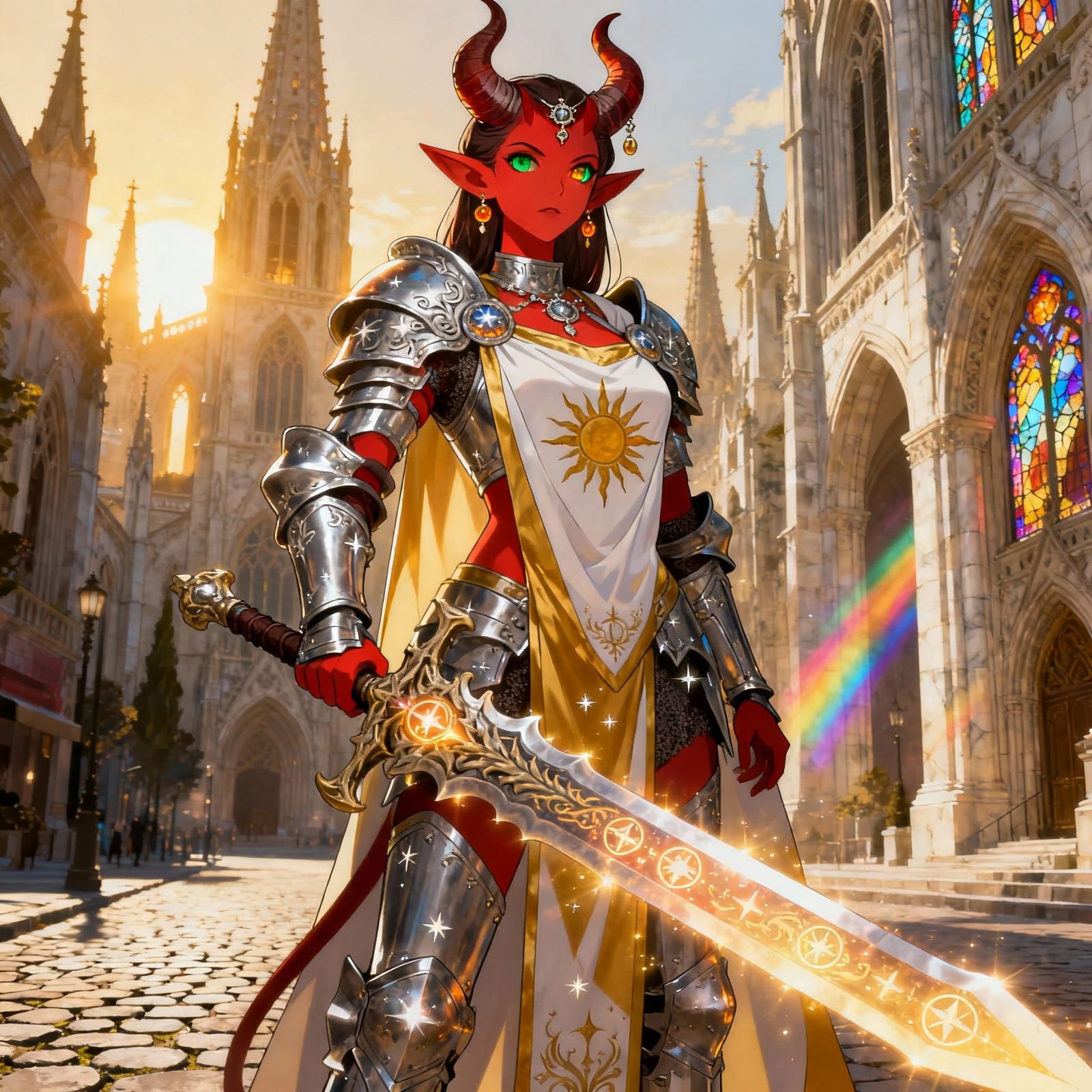 Tiefling Paladin in Holy City at Sunrise