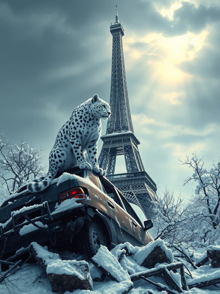 Snow Panther Perched on Ruined Car in Post-Apocalyptic Paris...