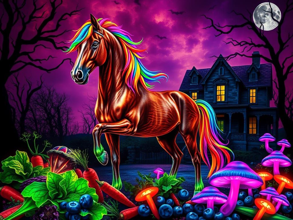 Psychedelic Horse in Front of Haunted House Amidst Glowing V...