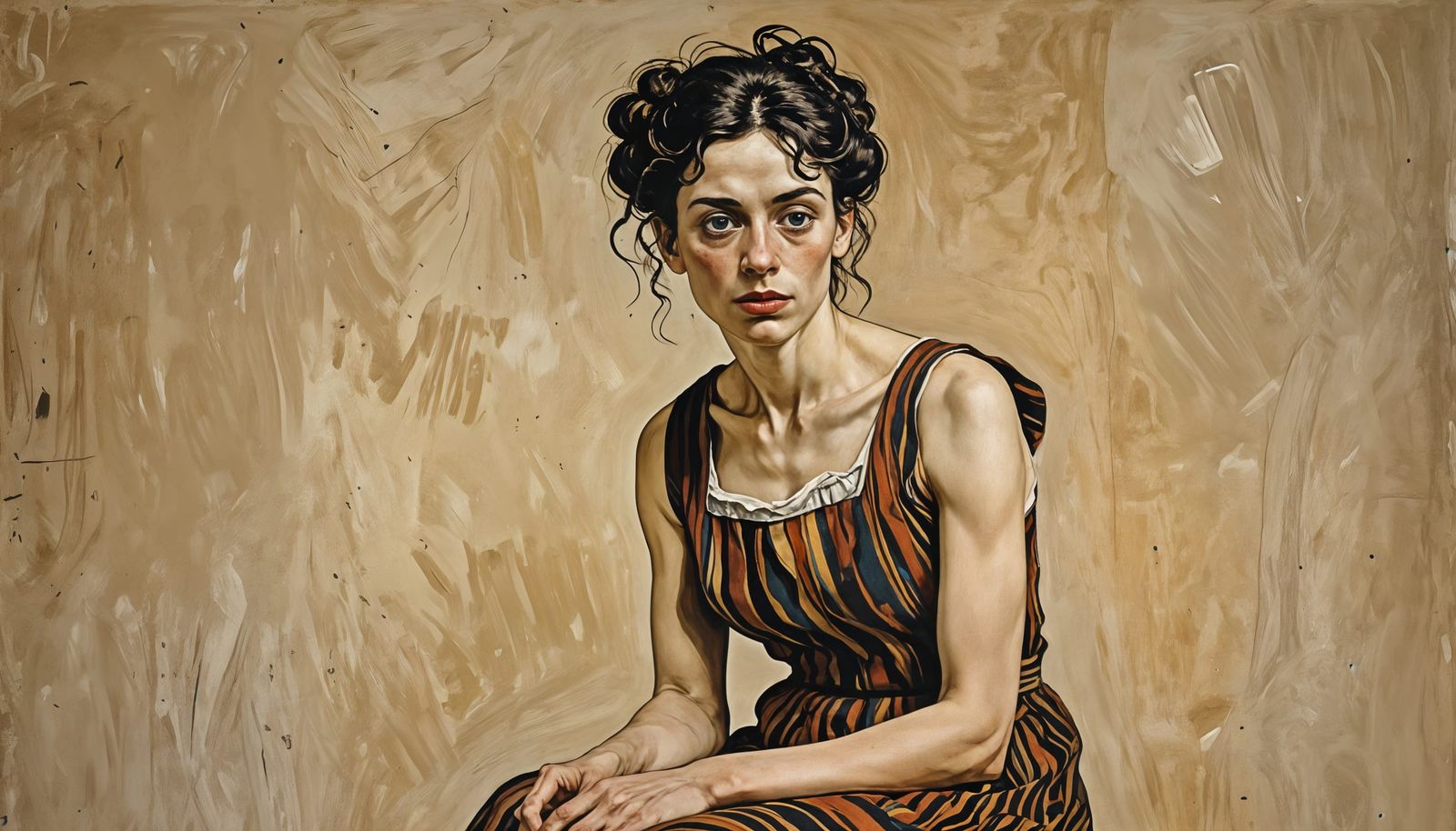 Edith Schiele in Striped Dress, Seated in Expressionist Styl...