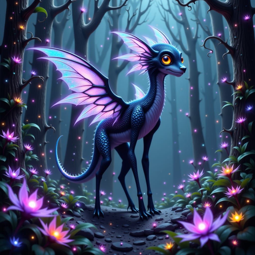 Majestic Iridescent Creature in Bioluminescent Forest