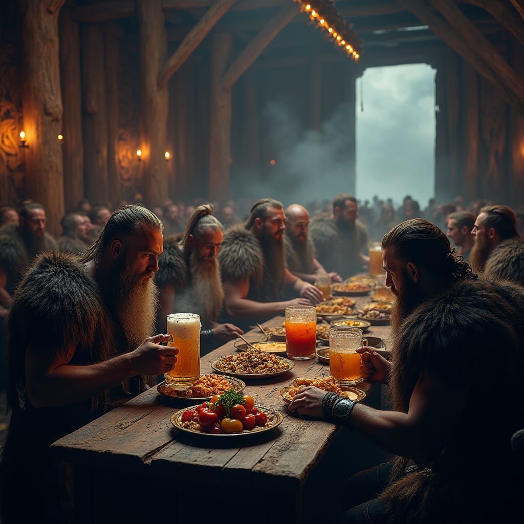 Viking Warriors Feast in a Dark Bar