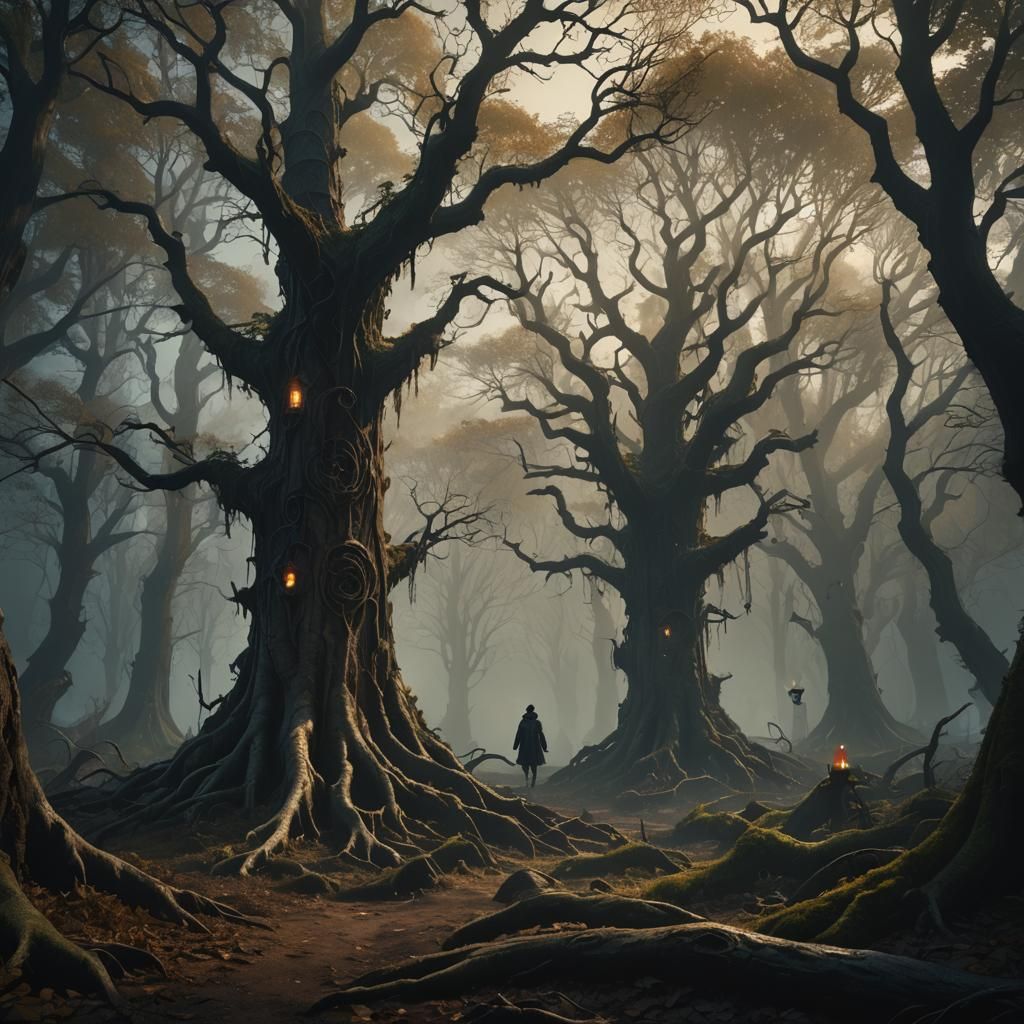 Cloaked Traveler in Dystopian Fantasy Forest