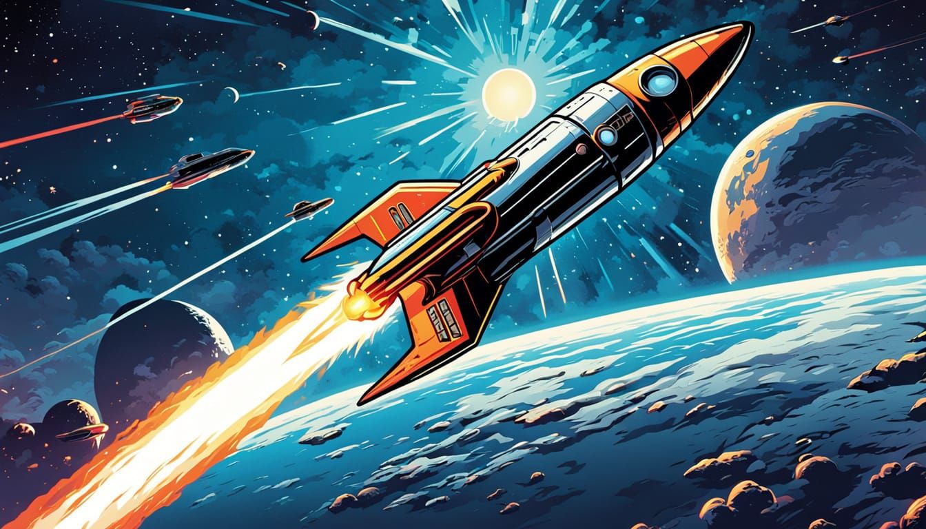 Retro-Futuristic Rocket Launch in Comic Book Style