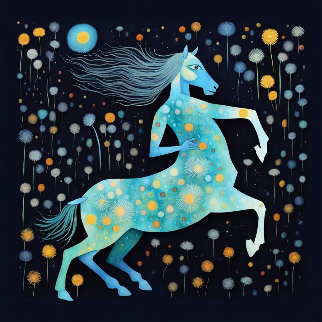 A centaur  woman  in a Million Dandelion dreamscape, Tim Bur...