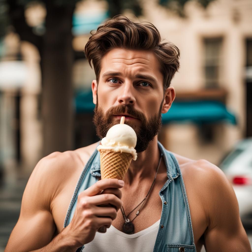Charming Man Enjoys Ice Cream in Shorts