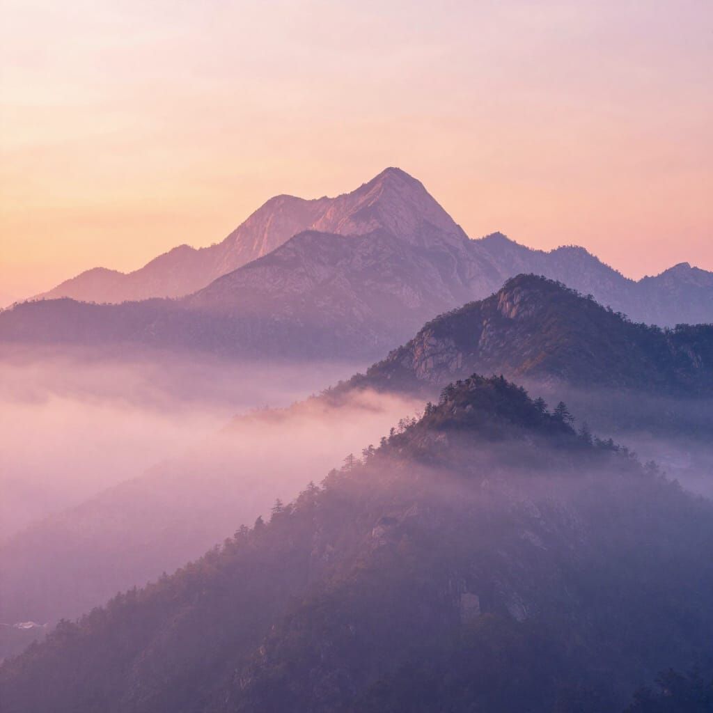 Misty Mountain Sunrise in Pastel Hues with Cinematic Light