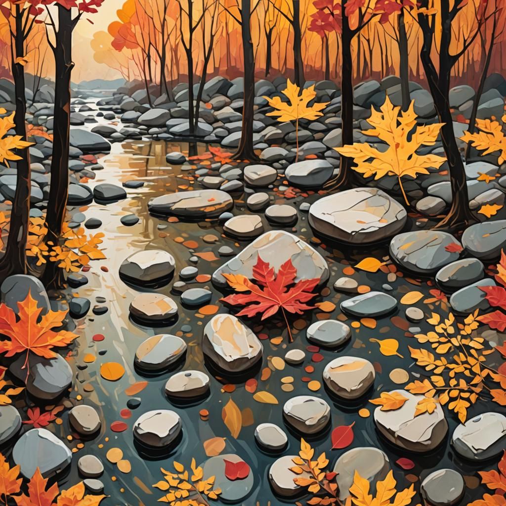 Autumn Landscape with Stones and Trees in Abstract Expressio...