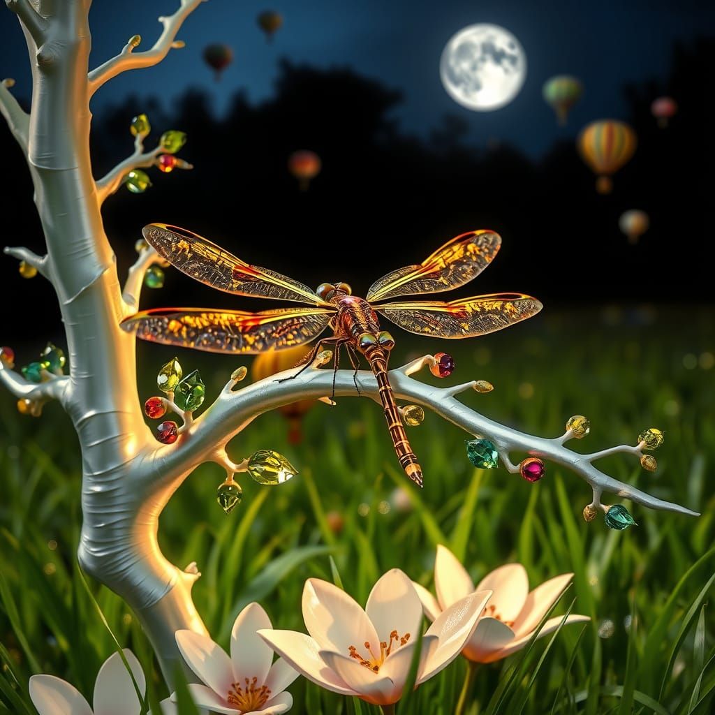 Metallic Dragonfly on Jeweled Tree Branch
