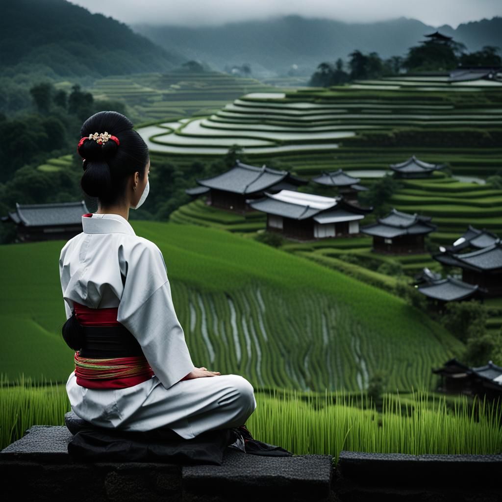 Geisha Meditating Above Rice Paddies in Cinematic Photo