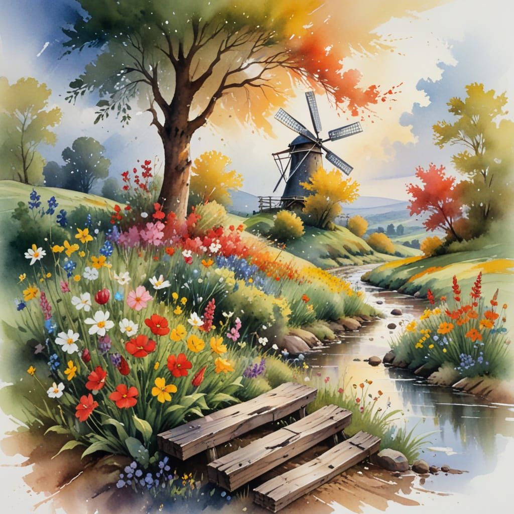 Countryside Windmills and Wildflowers in Watercolour