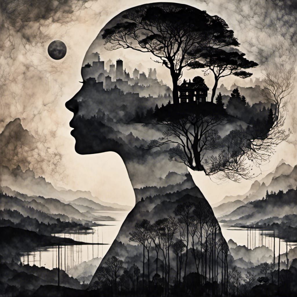 Surreal Double Exposure Silhouette and Cosmic Landscape