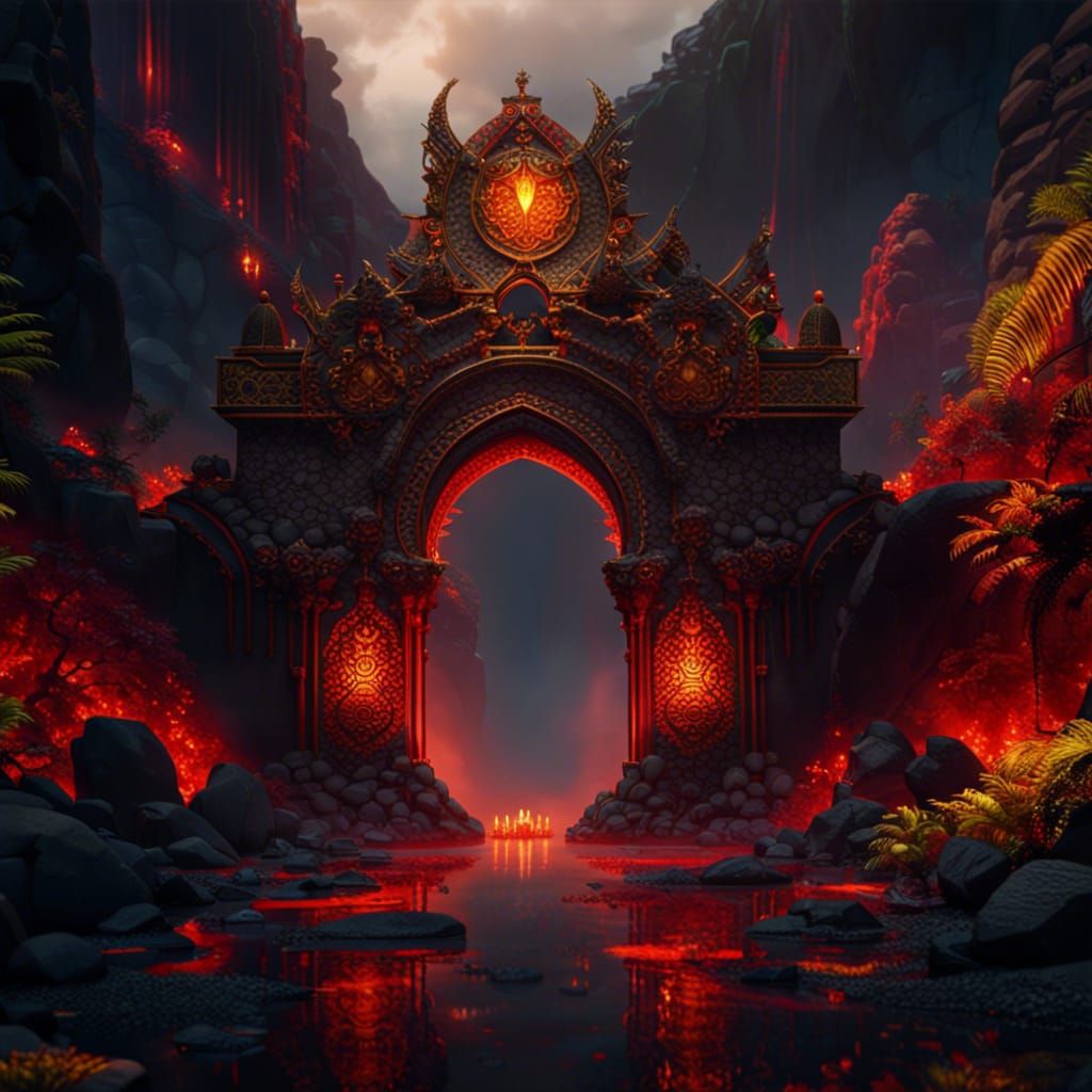 Exotic Persian Bridge with Lava River, Matte Painting