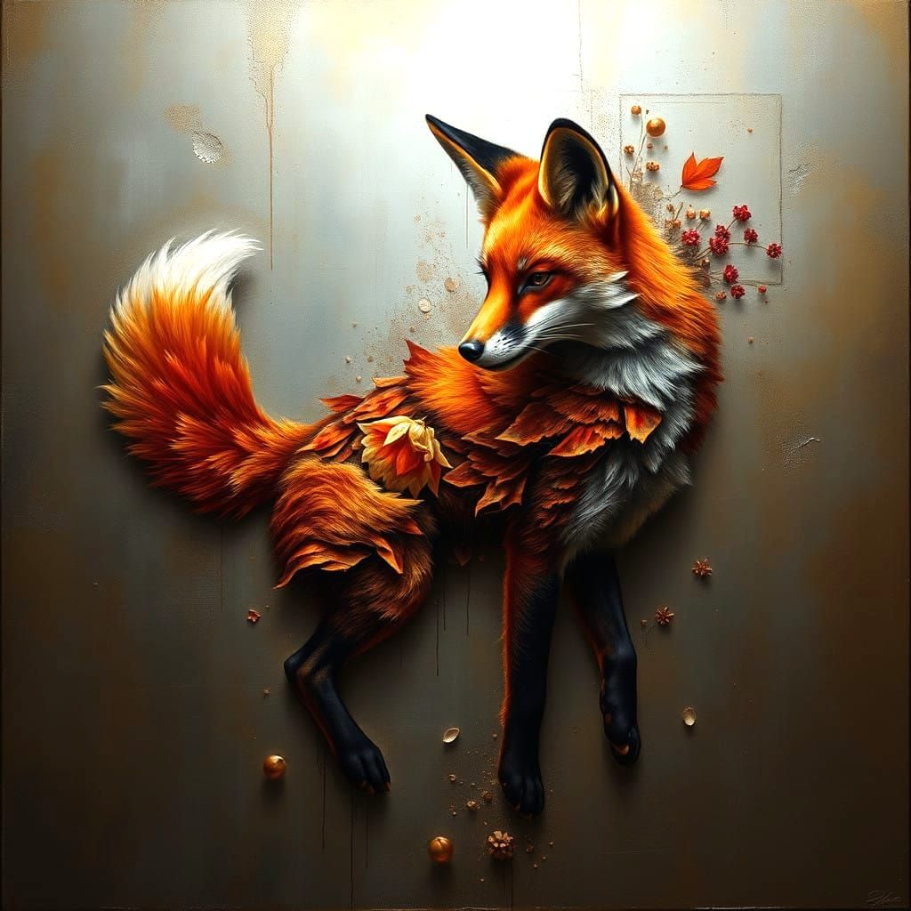 Surreal Oil Painting of a Red Fox in Metallic Elegance
