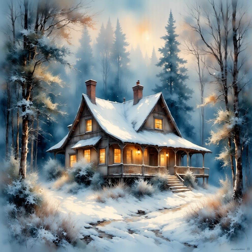 Cozy Cottage in Snowy Forest, Painterly Style