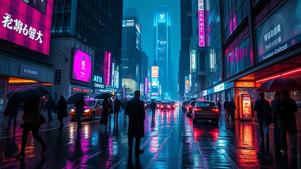 Rainy Cyberpunk Cityscape at Night