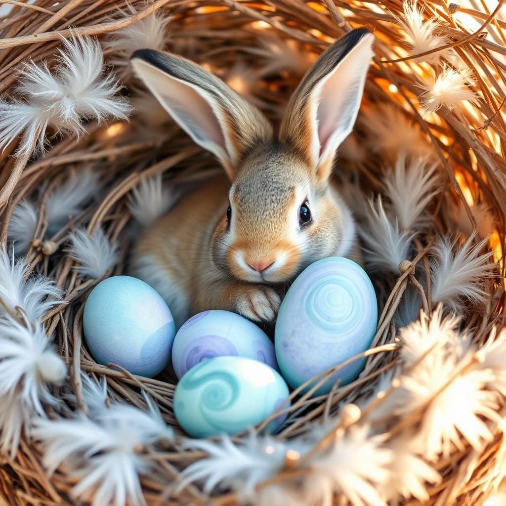 Whimsical Rabbit in a Cozy Nest with Turquoise Eggs