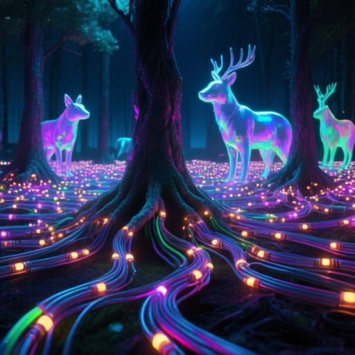 Cyberpunk Forest at Night with Light Critters