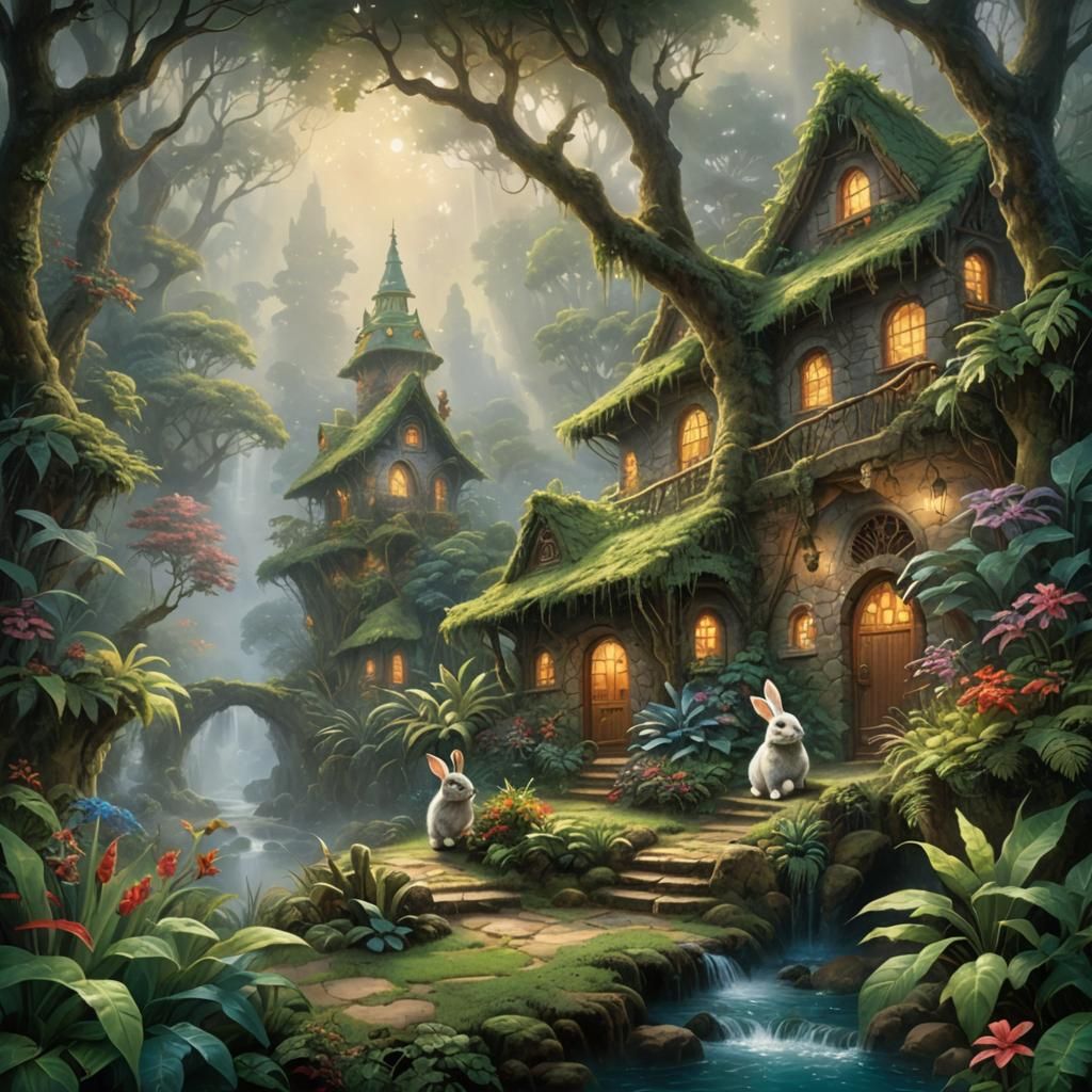Ethereal Rabbit Home in a Misty Jungle