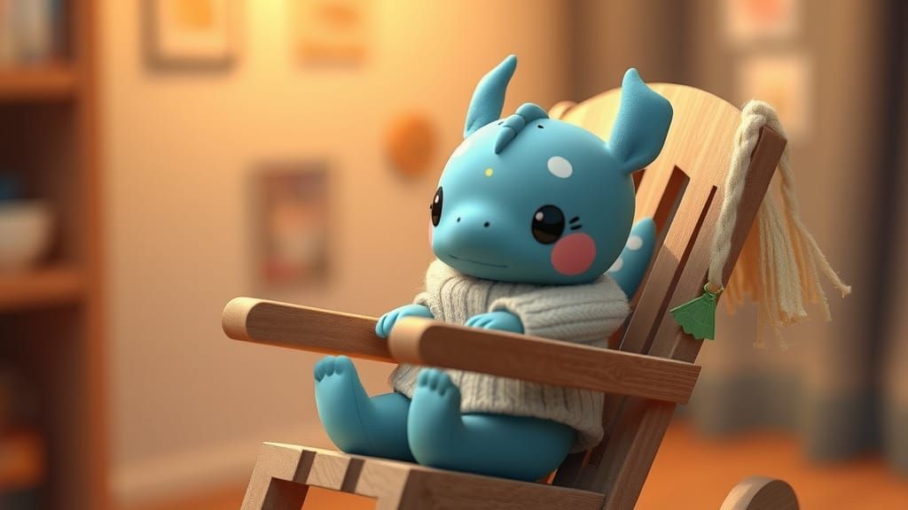 Blue Chibi Dragon in Cozy Rocking Chair
