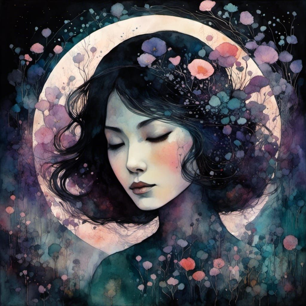 Liquid Ink Woman in Countryside Watercolor Illustration