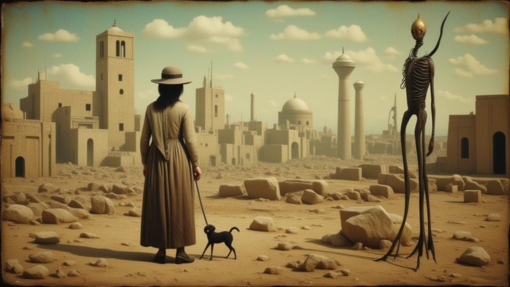 Wanderer Encounters Surreal Figure in Deserted City