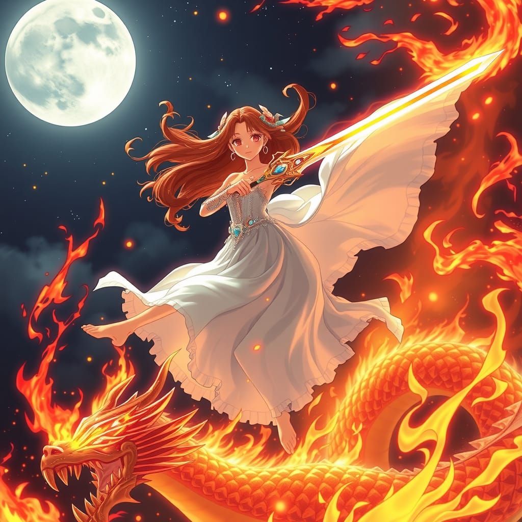 Anime Maiden with Fiery Eyes and Dragon