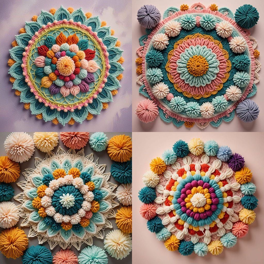 Colorful Pom Pom Yarn Mandala on Paper