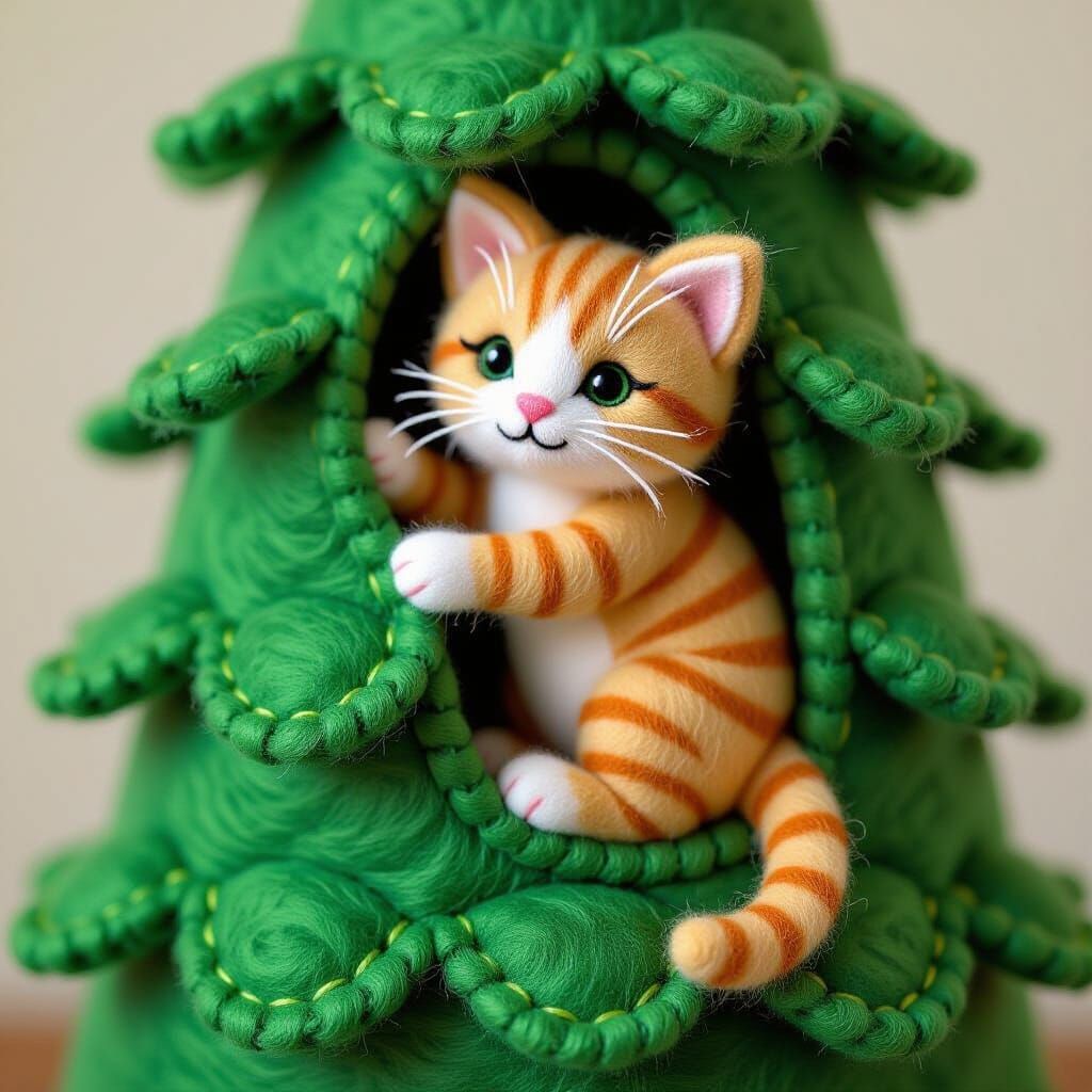 Adorable Felt Cat Climbing a Tree