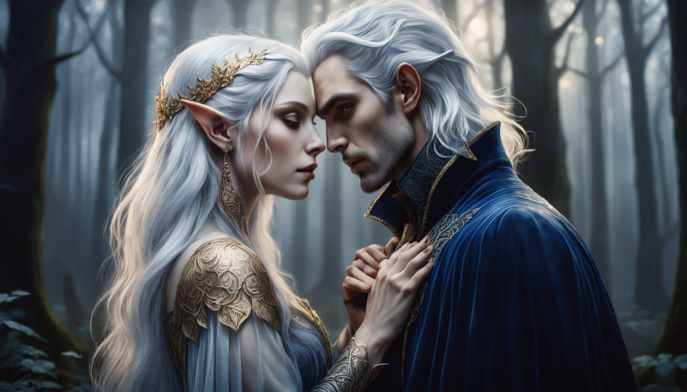 Ethereal Embrace: Elf Woman and Vampire in Moonlit Forest