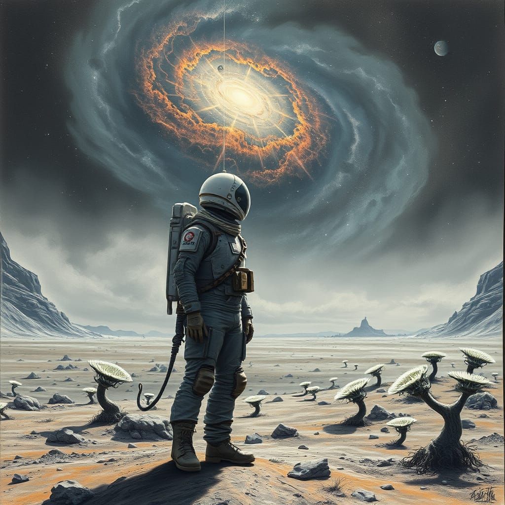 Astronaut Gazes at Nebula on Alien Planet in Charcoal Style
