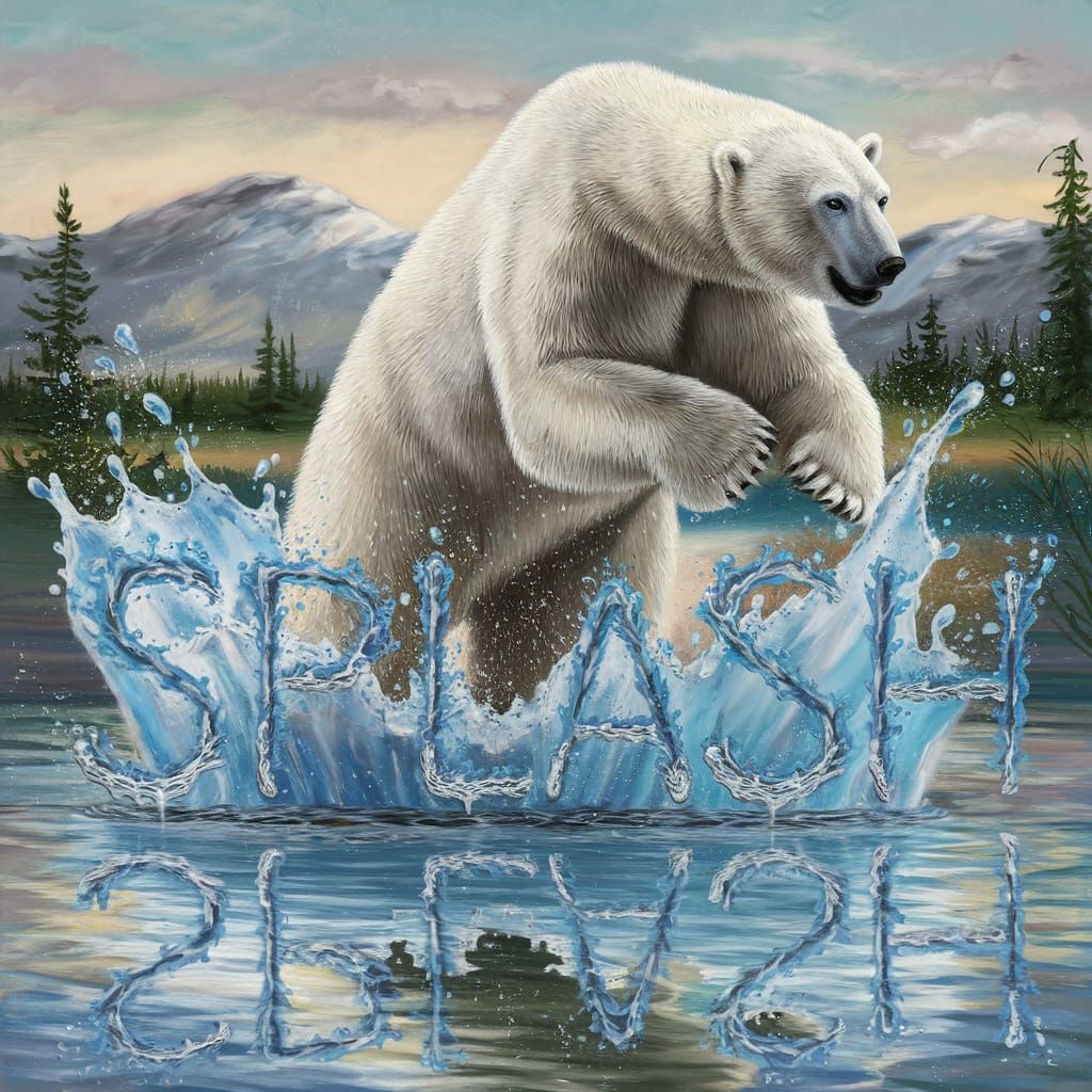 Polar Bear Creates Word Splash, Oil Painting