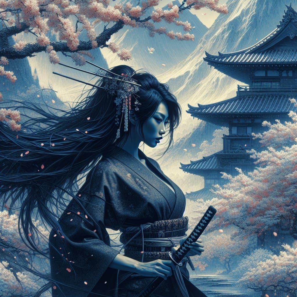 Ethereal Warrior Woman Under Cherry Blossoms in Traditional ...