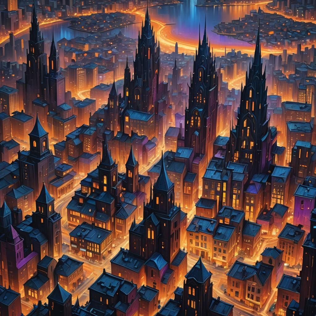 Detailed Fantasy Cityscape at Dusk in Oil Painting Style