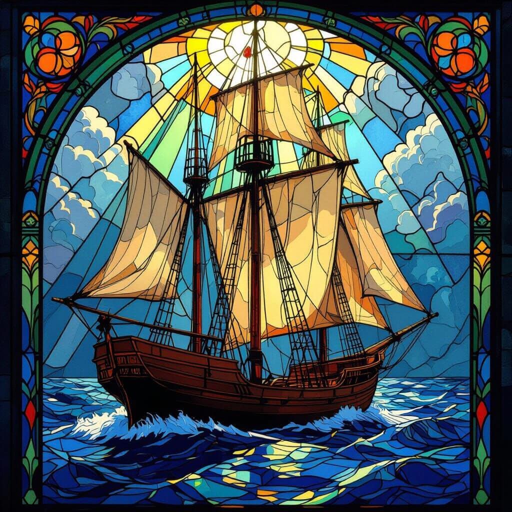 Majestic Sailing Ship in Vibrant Stained Glass Style
