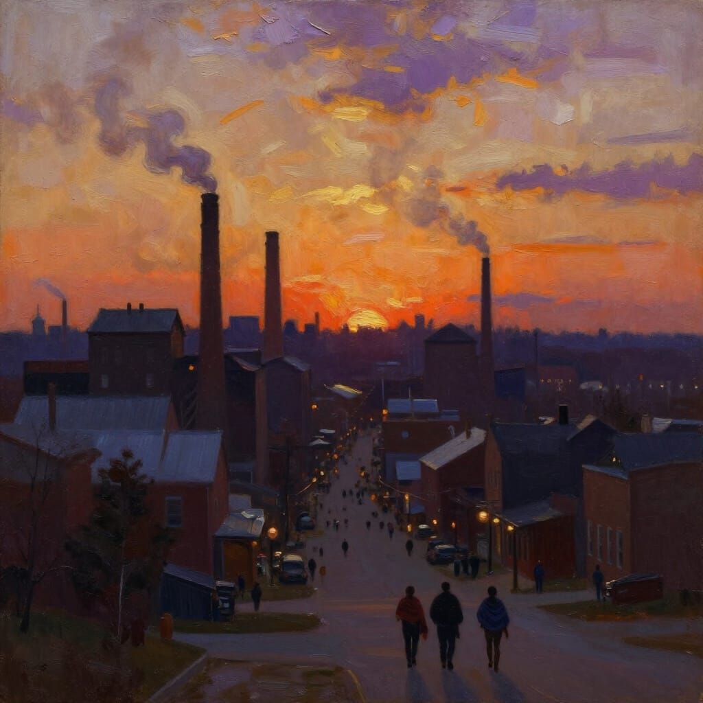 Northern Mill Town Sunset in Dramatic Oil Painting Style