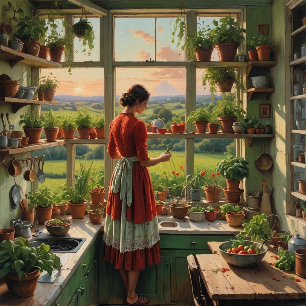 Bohemian Kitchen Garden at Sunset, Oil Painting